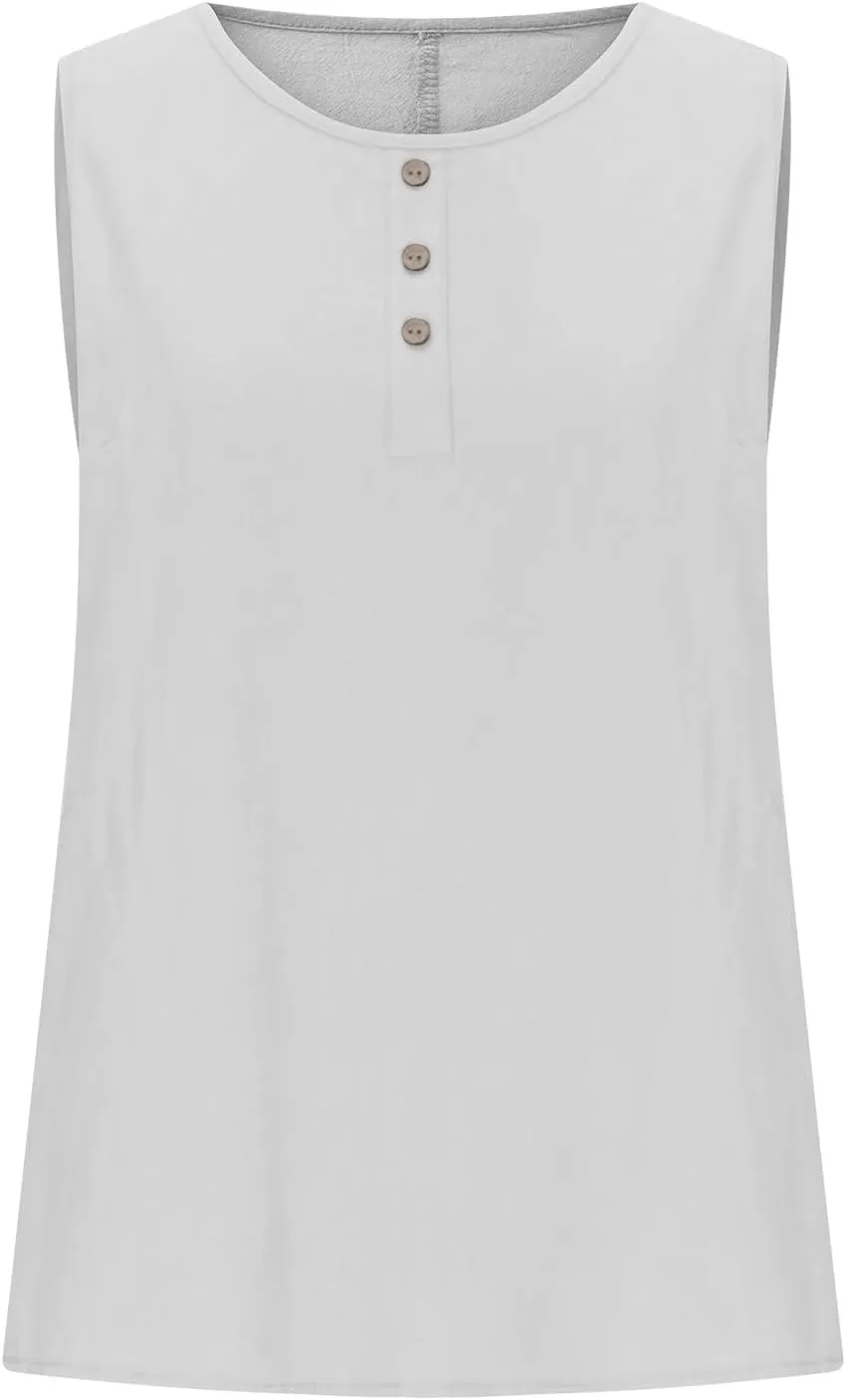 Simple Basic Tank for Women 2025 Button Embellished Solid Camisole Sleeveless Round Neck Top Lightweight Resort Shirt