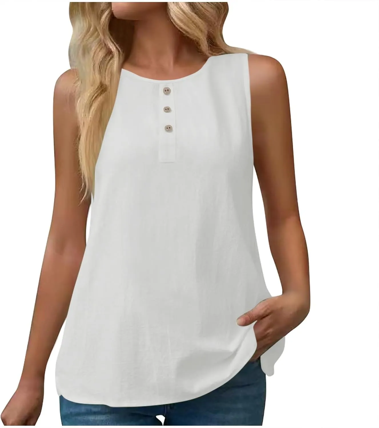 Simple Basic Tank for Women 2025 Button Embellished Solid Camisole Sleeveless Round Neck Top Lightweight Resort Shirt