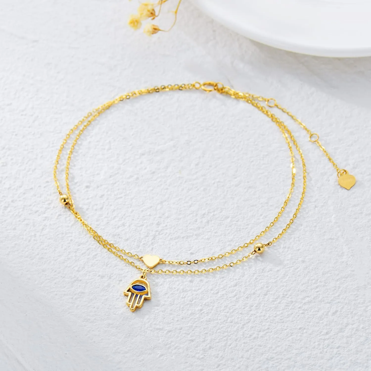 SISGEM Solid 14K Gold Layered Anklet for Women, Real Gold Evil Eye Hamas Hand Anklet Bracelet Foot Bracelet Fine Jewelry Anniversary Birthday Gifts for Her, Wife, Mom, 8'' 2''