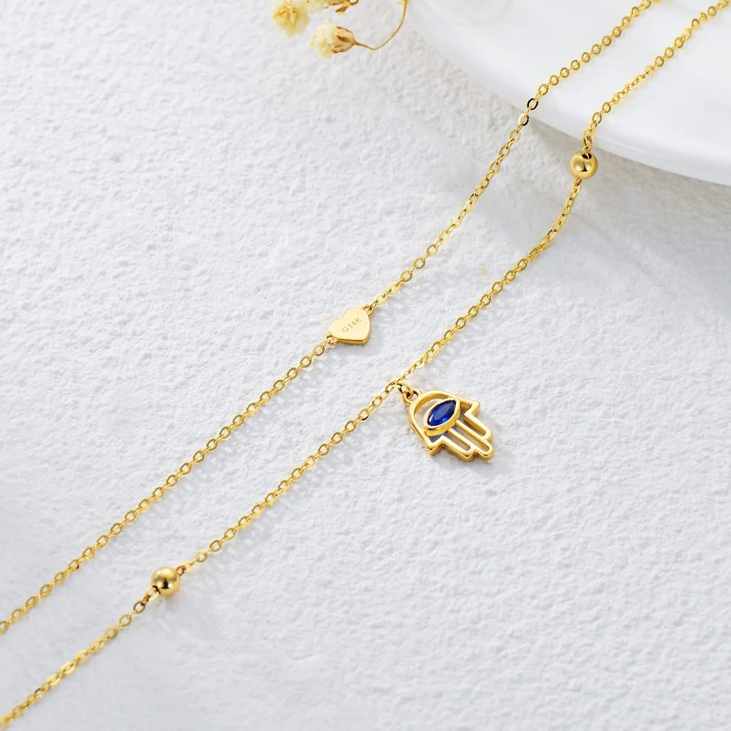 SISGEM Solid 14K Gold Layered Anklet for Women, Real Gold Evil Eye Hamas Hand Anklet Bracelet Foot Bracelet Fine Jewelry Anniversary Birthday Gifts for Her, Wife, Mom, 8'' 2''