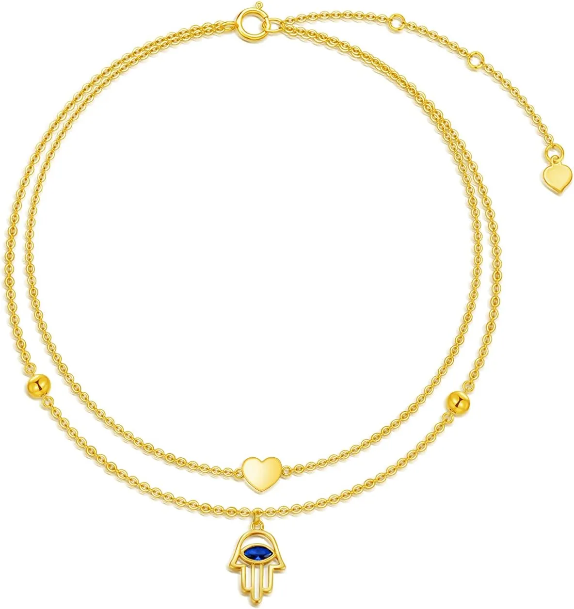 SISGEM Solid 14K Gold Layered Anklet for Women, Real Gold Evil Eye Hamas Hand Anklet Bracelet Foot Bracelet Fine Jewelry Anniversary Birthday Gifts for Her, Wife, Mom, 8'' 2''