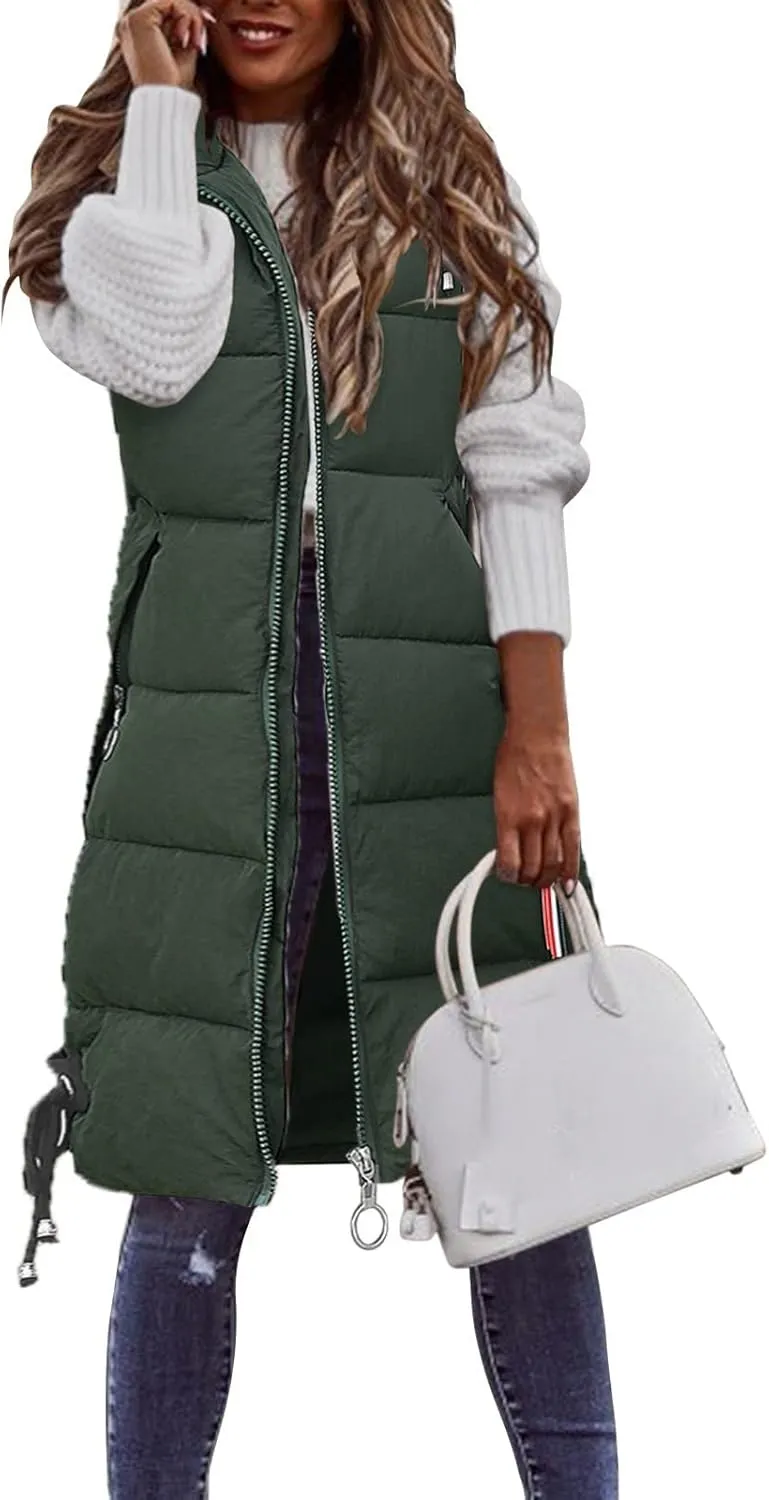 Sleeveless Long Down Jacket Vest for Women Casual Loose Fit Hooded Cotton-Padded Jackets Coats Fashion Vests Tops