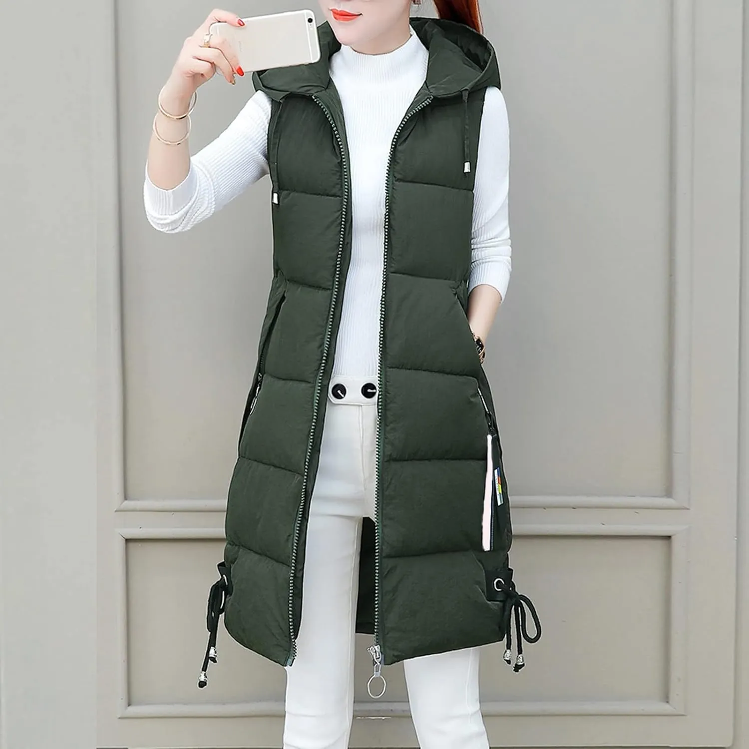 Sleeveless Long Down Jacket Vest for Women Casual Loose Fit Hooded Cotton-Padded Jackets Coats Fashion Vests Tops
