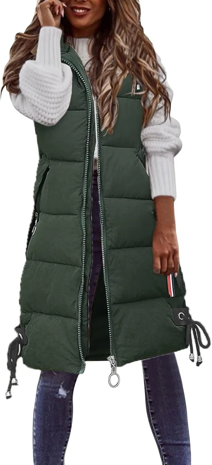 Sleeveless Long Down Jacket Vest for Women Casual Loose Fit Hooded Cotton-Padded Jackets Coats Fashion Vests Tops