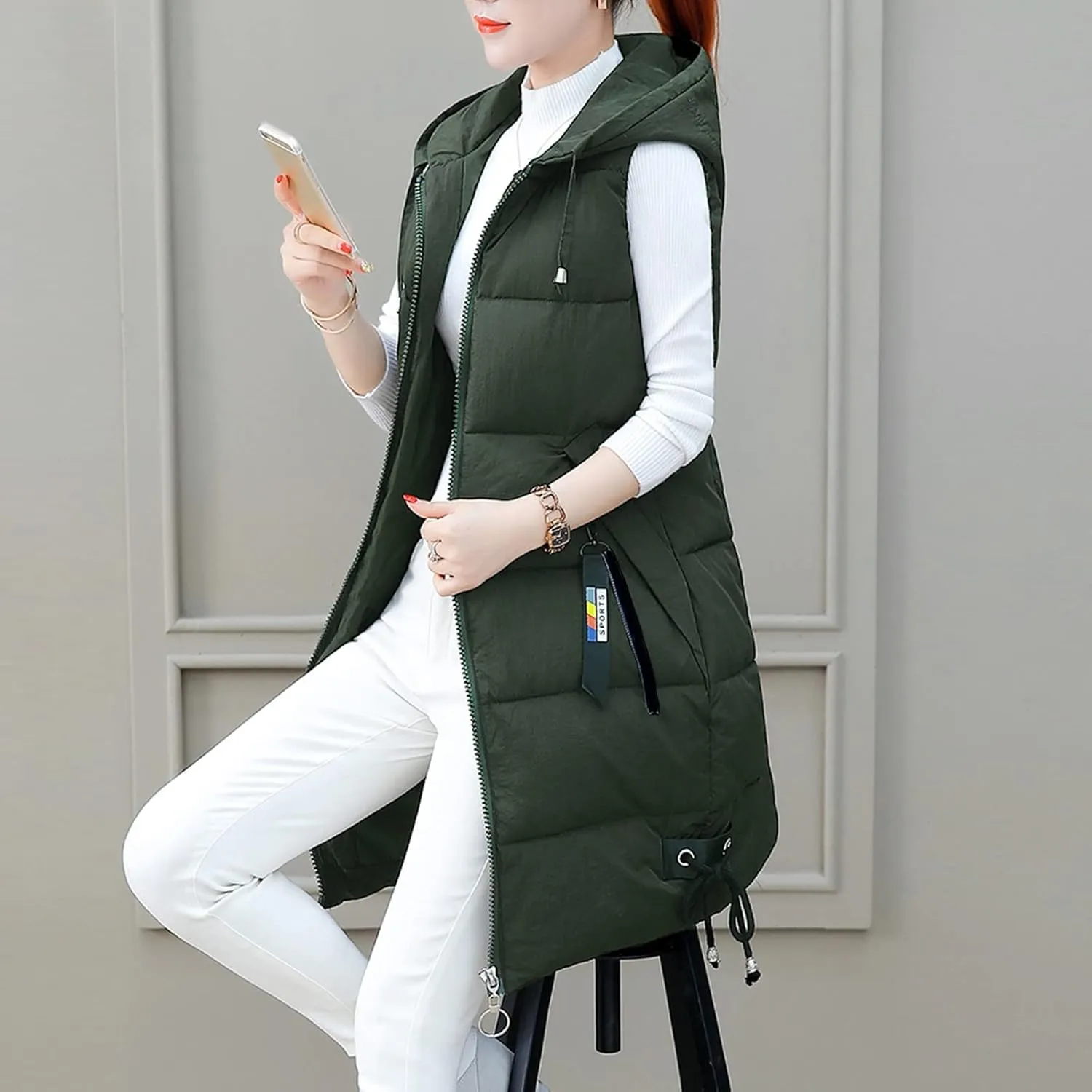 Sleeveless Long Down Jacket Vest for Women Casual Loose Fit Hooded Cotton-Padded Jackets Coats Fashion Vests Tops