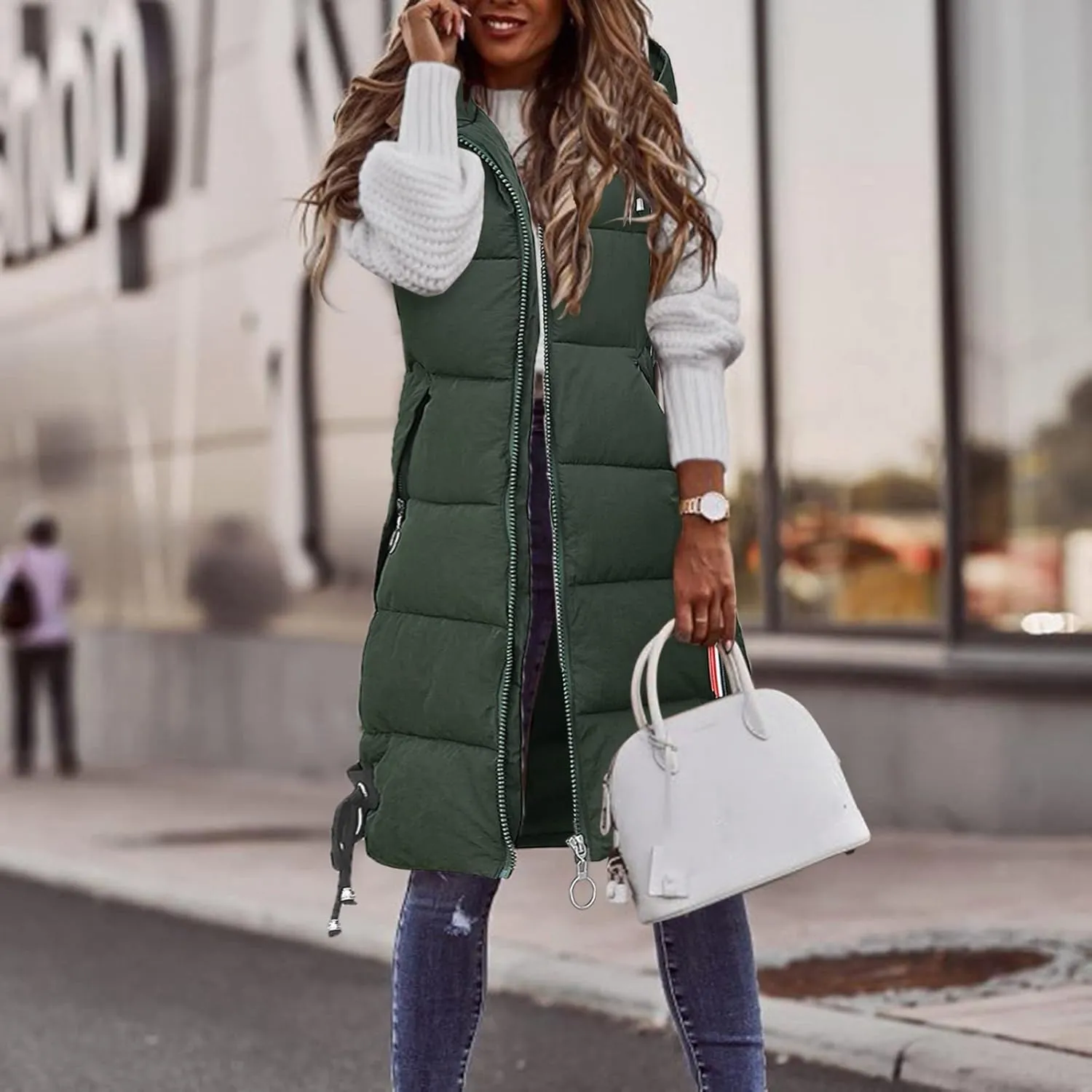 Sleeveless Long Down Jacket Vest for Women Casual Loose Fit Hooded Cotton-Padded Jackets Coats Fashion Vests Tops