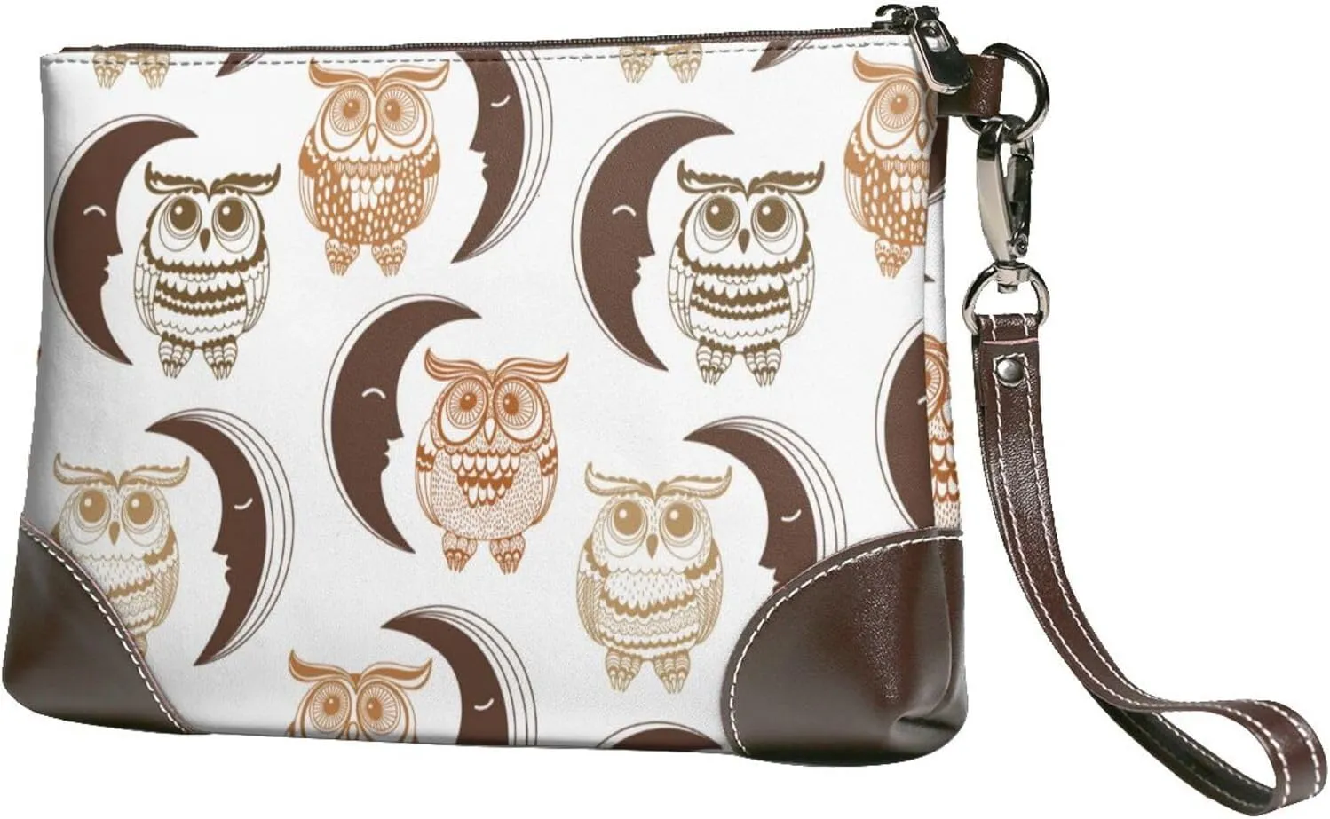 Small Clutch Purses for Women - Crescent Moon And Owl Leather Wristlet Wallets for Women with Wrist Strap