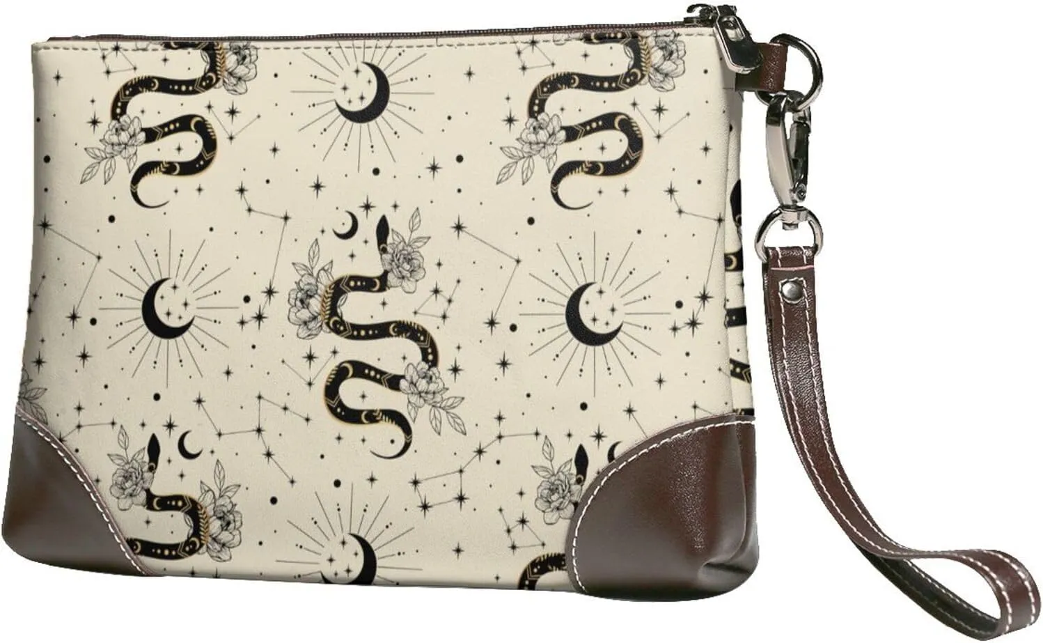 Small Clutch Purses for Women - Gothic Funny Black Snake Moon Leather Wristlet Wallets for Women with Wrist Strap