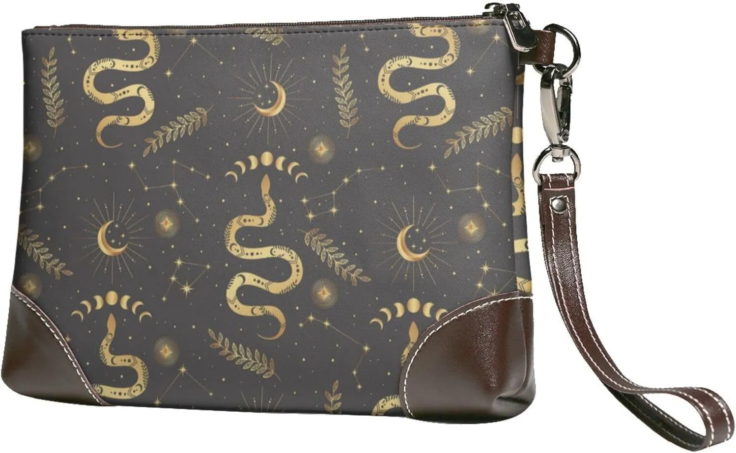 Small Clutch Purses for Women - Gothic Funny Golden Snake Moon Leather Wristlet Wallets for Women with Wrist Strap
