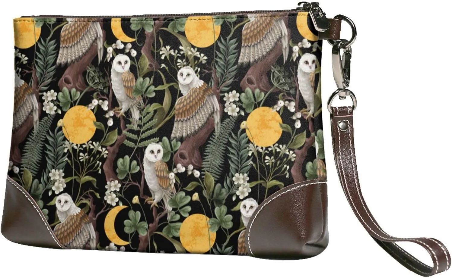 Small Clutch Purses for Women - Owl Moon Flowers Leather Wristlet Wallets for Women with Wrist Strap