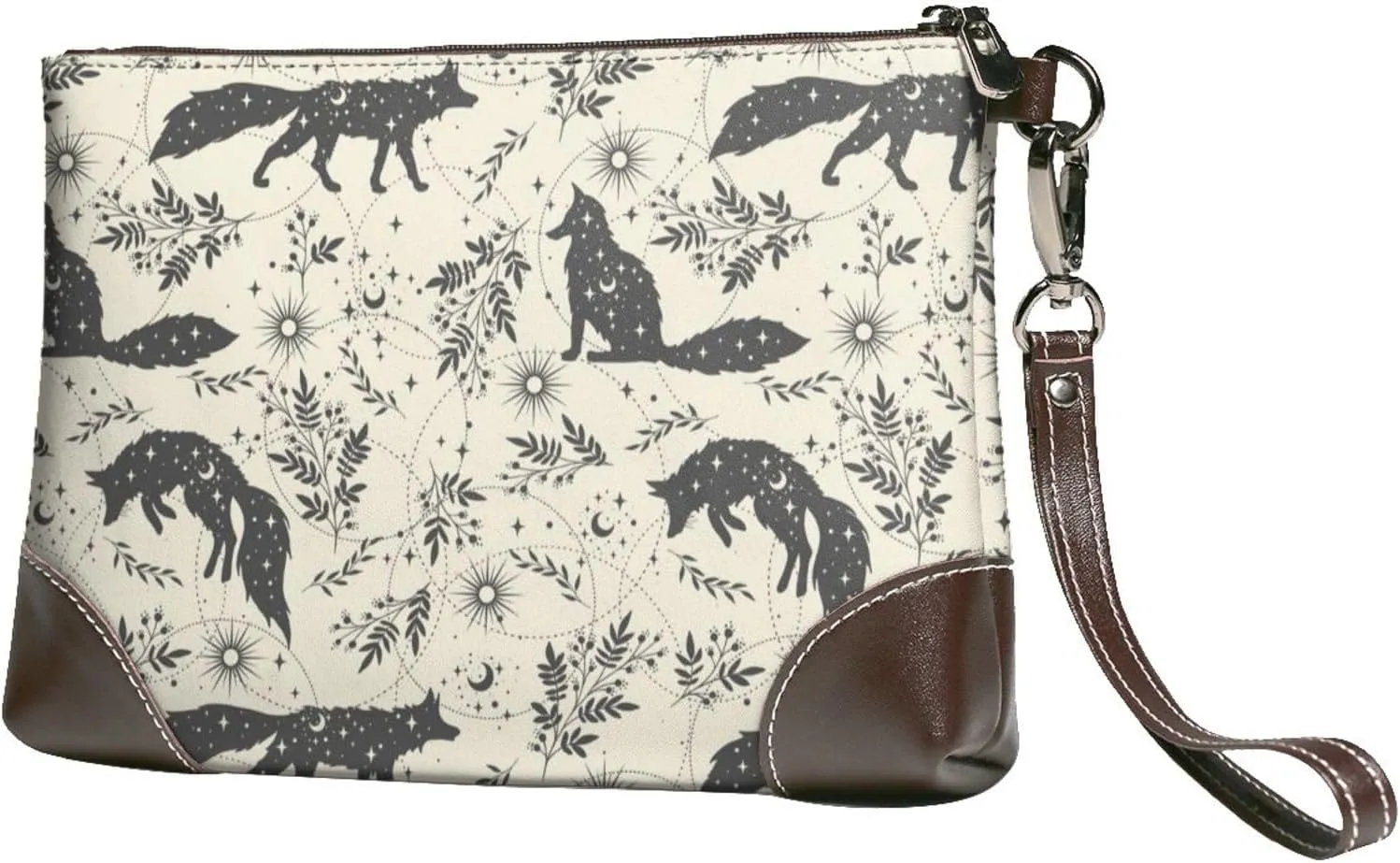 Small Clutch Purses for Women - Vintage Moon Fox Leather Wristlet Wallets for Women with Wrist Strap