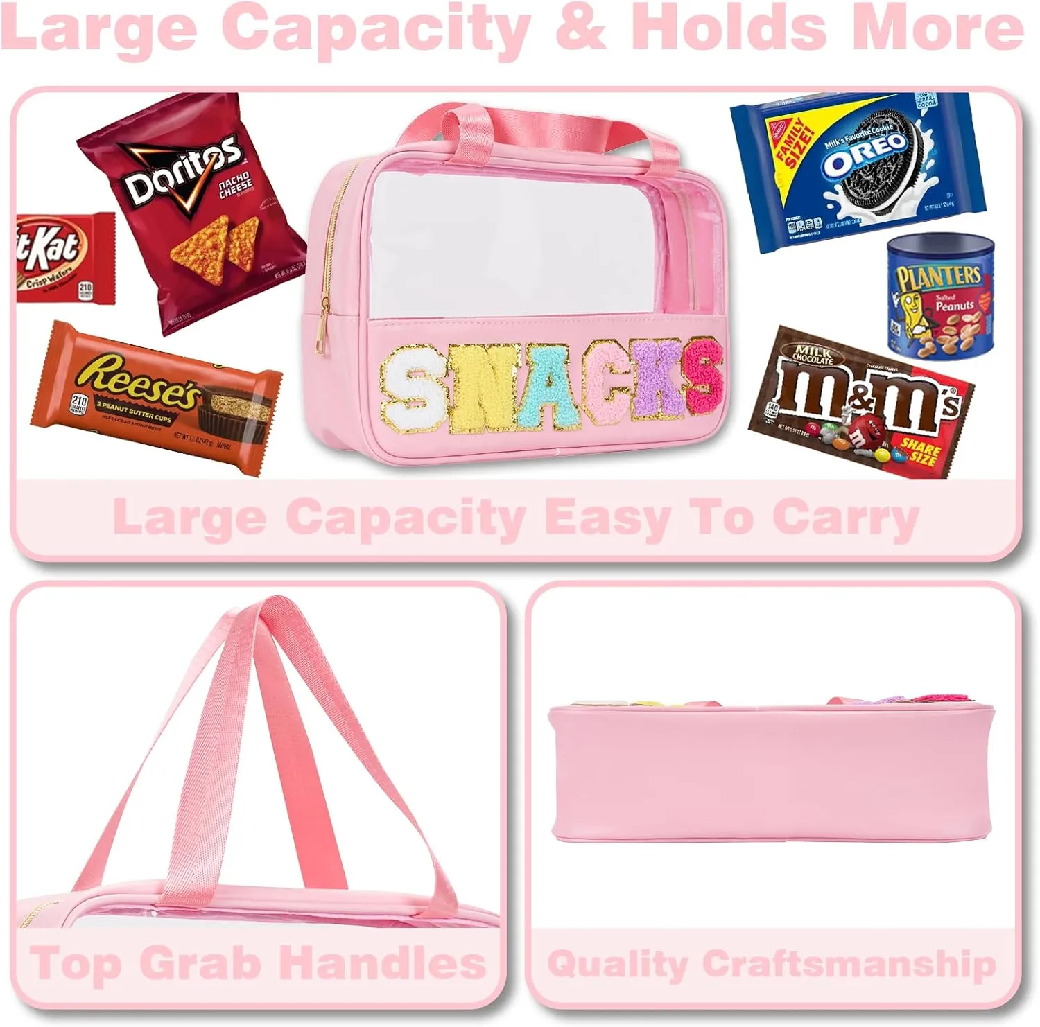 Snack Bag Clear Chenille Varsity Letter Zipper Pouch for Travel Preppy Cosmetic Bag Clear Cosmetic Bag Makeup Travel Bag for Women
