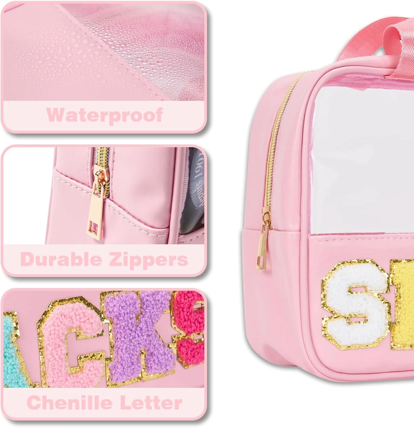 Snack Bag Clear Chenille Varsity Letter Zipper Pouch for Travel Preppy Cosmetic Bag Clear Cosmetic Bag Makeup Travel Bag for Women