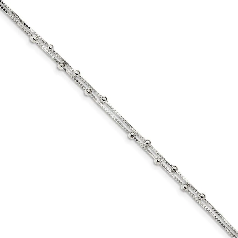 Solid 925 Sterling Silver Polished Beaded 2-Strand with 1 inch ext. - with Secure Lobster Lock Clasp (0.8mm)