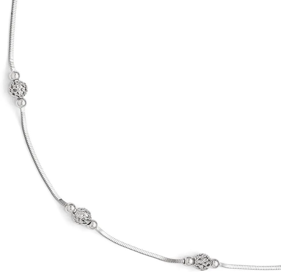 Solid Sterling Silver Polished & Textured Beaded with 1in ext - with Secure Lobster Lock Clasp (2mm)