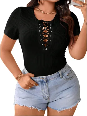 SOLY HUX Women's Plus Size Short Sleeve Shirts Lace Up Crew Neck Fitted Going Out Tee Tops