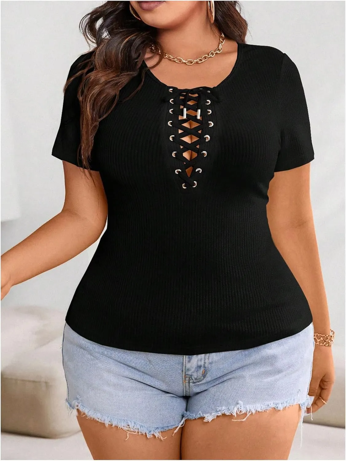 SOLY HUX Women's Plus Size Short Sleeve Shirts Lace Up Crew Neck Fitted Going Out Tee Tops