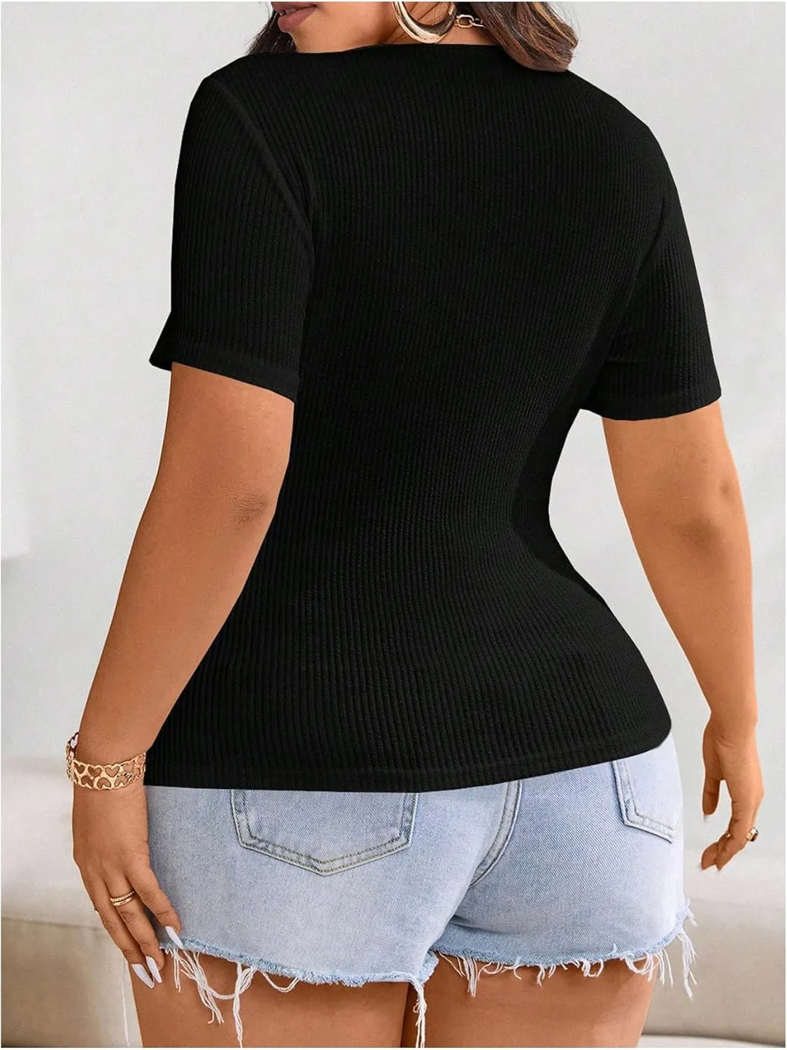 SOLY HUX Women's Plus Size Short Sleeve Shirts Lace Up Crew Neck Fitted Going Out Tee Tops
