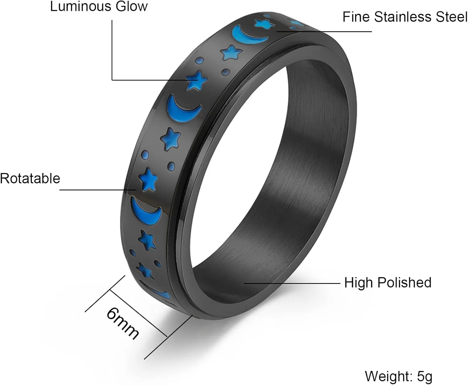 Spinner Rings, Stainless Steel Spinner Ring Moon and Star Fidget Ring Jewelry Engagement Promise Luminous Ring for Women Men