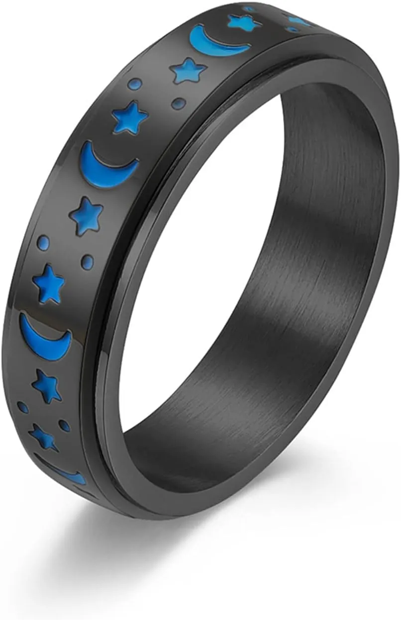 Spinner Rings, Stainless Steel Spinner Ring Moon and Star Fidget Ring Jewelry Engagement Promise Luminous Ring for Women Men