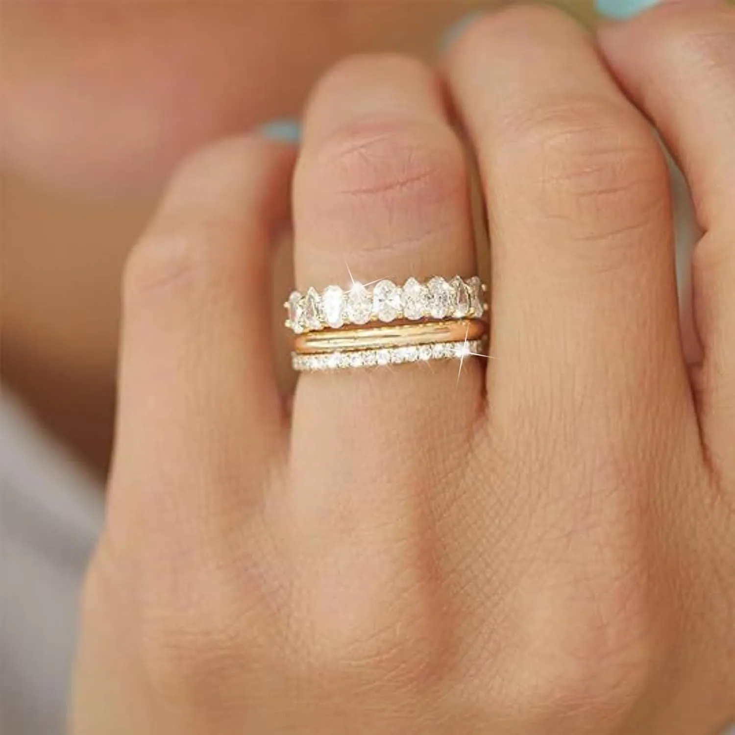 Stackable Gold Rings for Women,Dainty Sparkly Cubic Zirconia Thumb Ring Set Statement Chunky Knuckle Rings Promise Engagement Jewelry