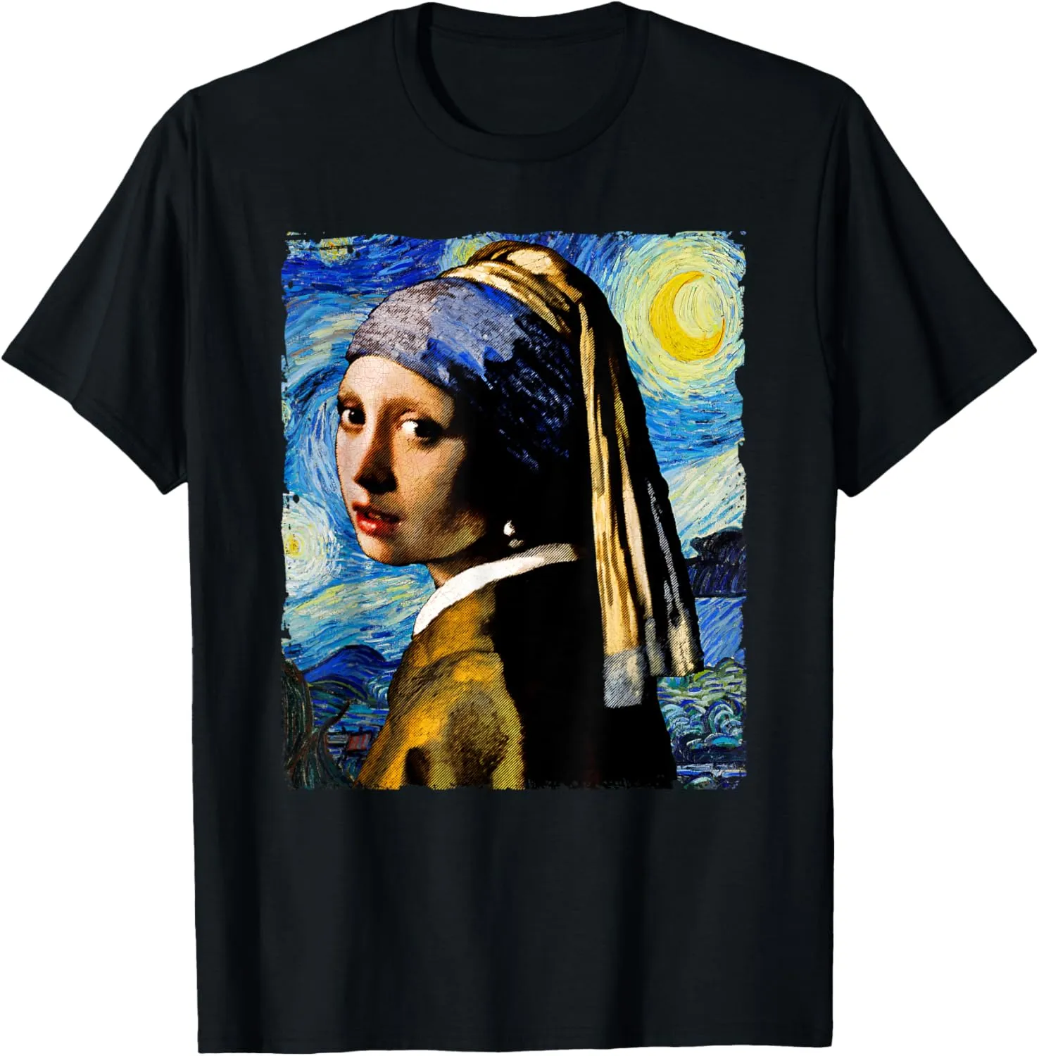 Starry Night and Girl With a Pearl Earring Van Gogh Art T-Shirt
