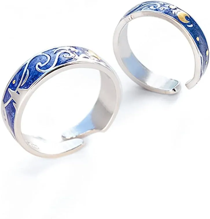 Starry Sky Couples Matching Rings for His & Hers Open Wedding Engagement Rings Promise Eternity Ring Expandable Finger Band Fashion Jewelry Gifts BFF Unisex