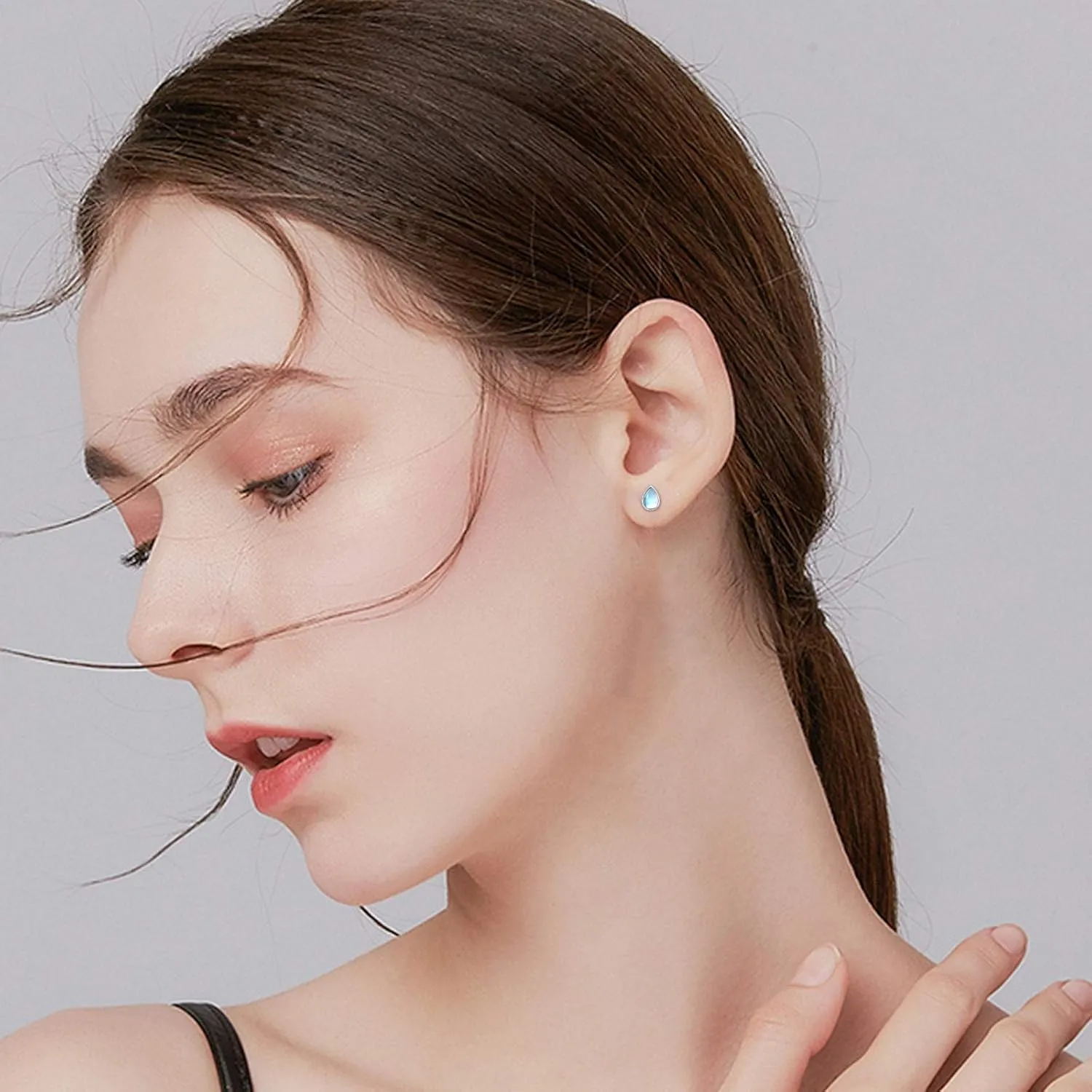 Sterling Silver Moonstone Teardrop Bridal Stud Earrings - Cartilage Studs, Hypoallergenic