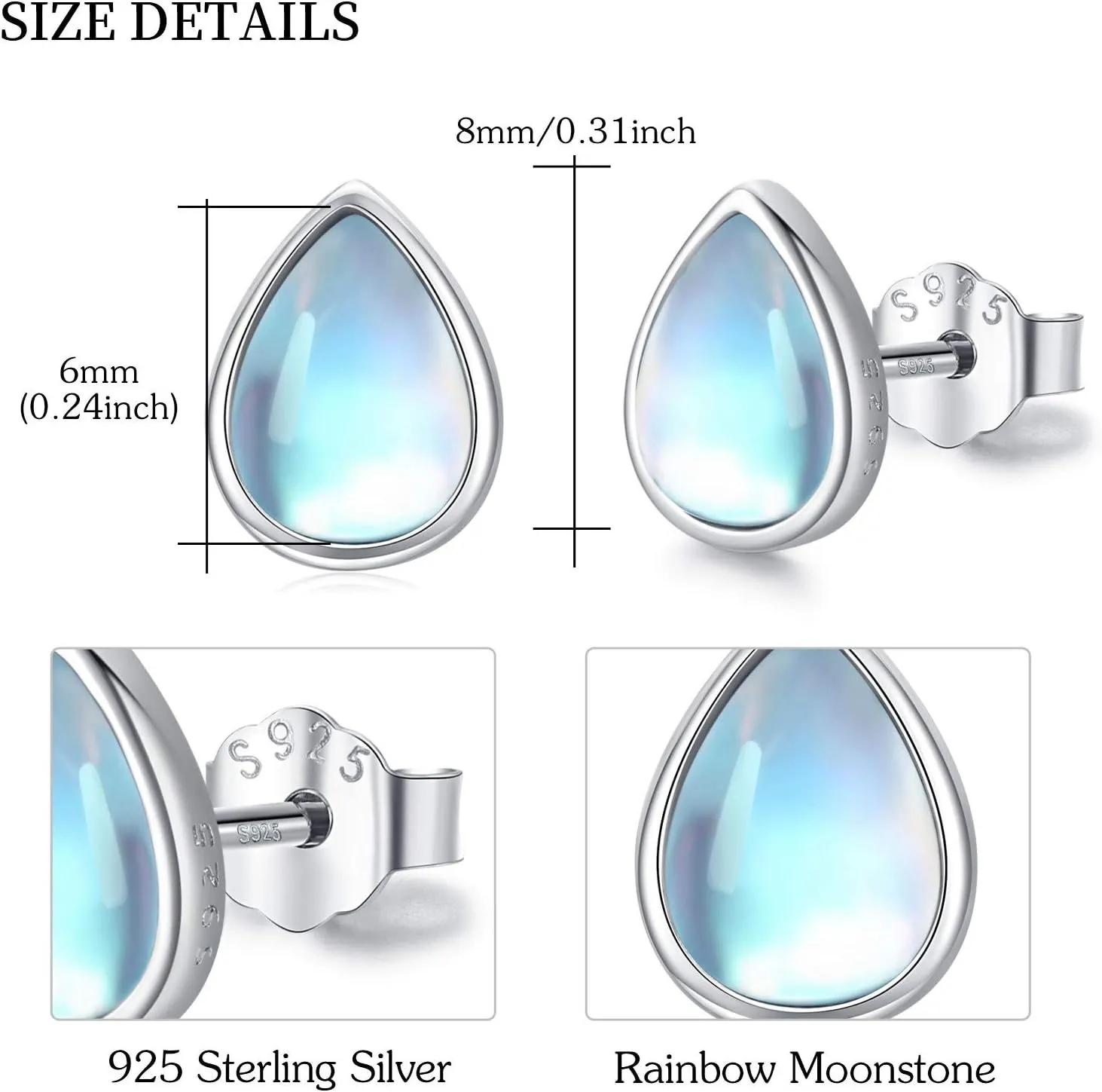 Sterling Silver Moonstone Teardrop Bridal Stud Earrings - Cartilage Studs, Hypoallergenic