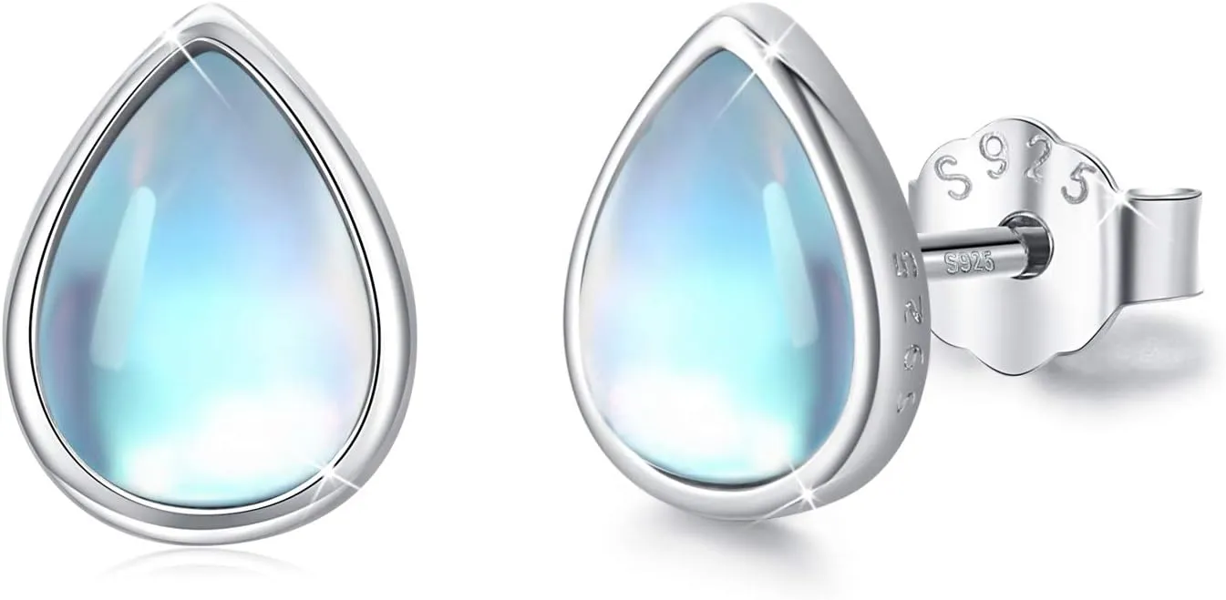 Sterling Silver Moonstone Teardrop Bridal Stud Earrings - Cartilage Studs, Hypoallergenic