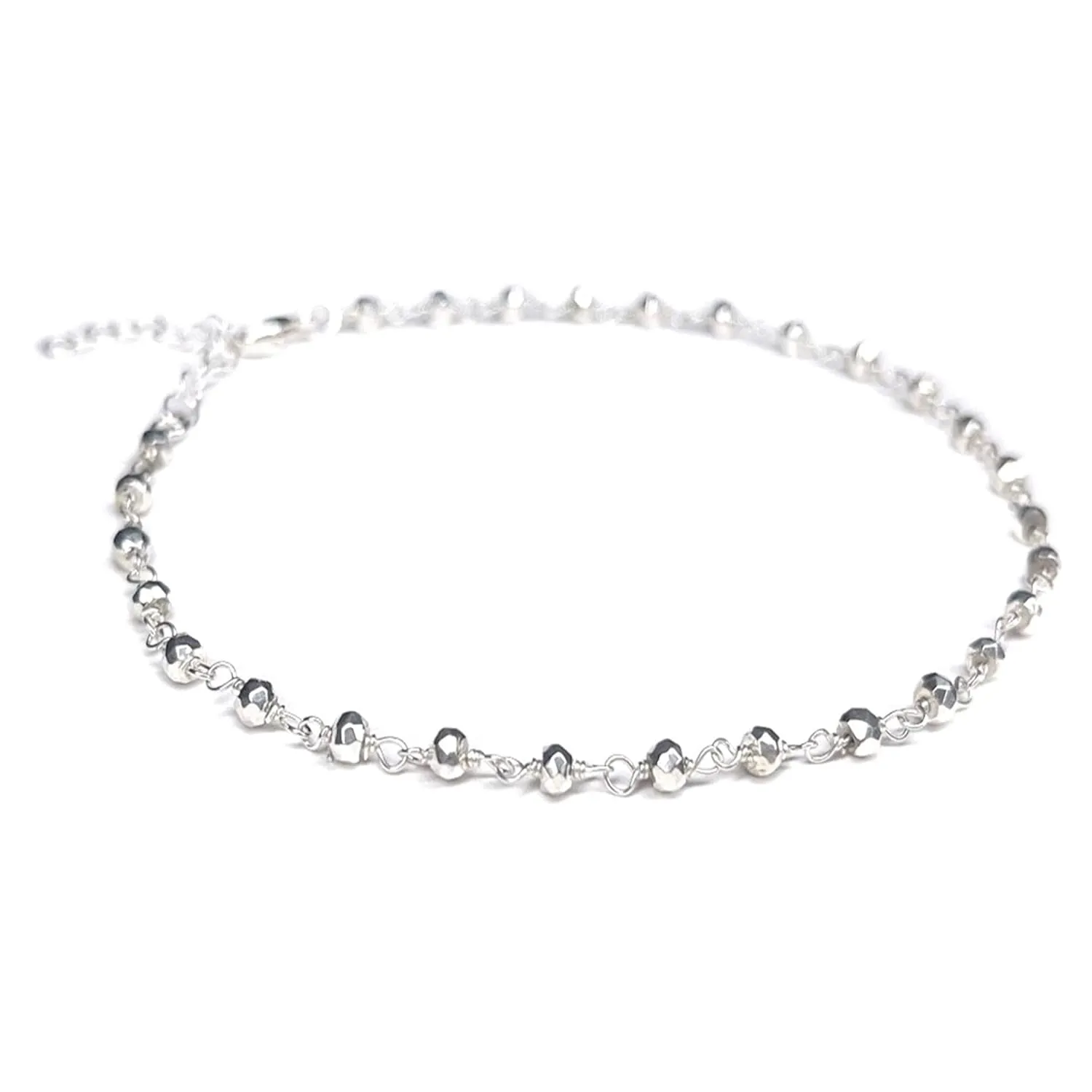 Sterling Silver Natural Pyrite Ankle-Bracelet for Women, Length 9-10.5 Inches, Sterling Silver Beaded Gemstone Anklet, Dainty Adjustable Waterproof Anklets (Silver, Beaded Pyrite)