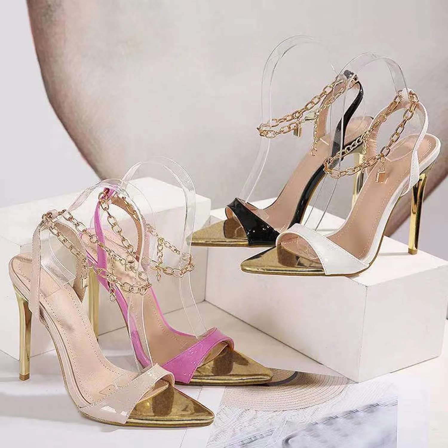 Stiletto Strappy Heels for Women Open Pointed Toe Keychain Strap Soft Party Dressy Shoes