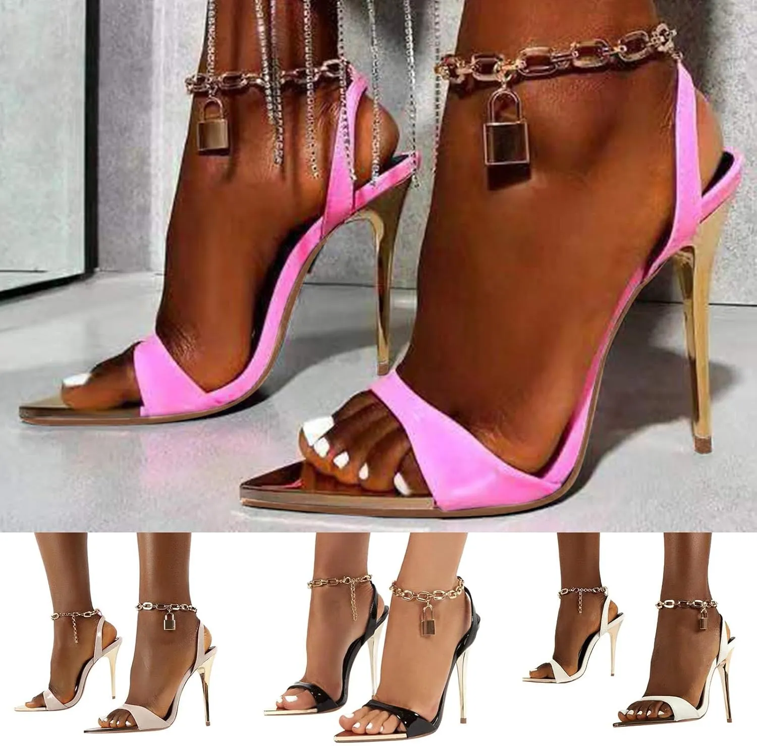 Stiletto Strappy Heels for Women Open Pointed Toe Keychain Strap Soft Party Dressy Shoes
