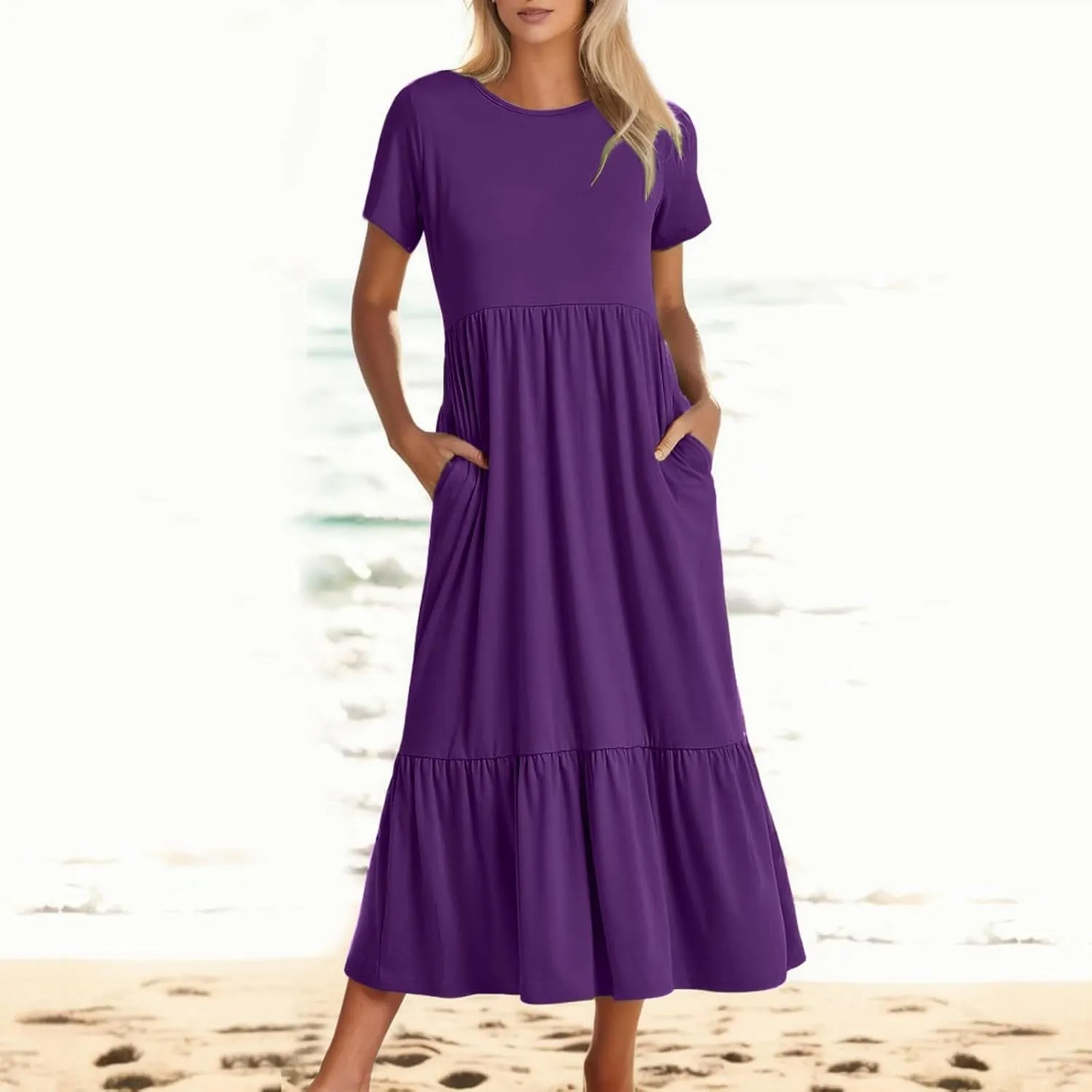 Summer Shirt Dresses For Women 2025 Crewneck Tiered Maxi Dresses Short Sleeve Flowy Beach Sundresses with Pockets