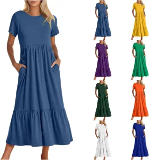 Summer Shirt Dresses For Women 2025 Crewneck Tiered Maxi Dresses Short Sleeve Flowy Beach Sundresses with Pockets
