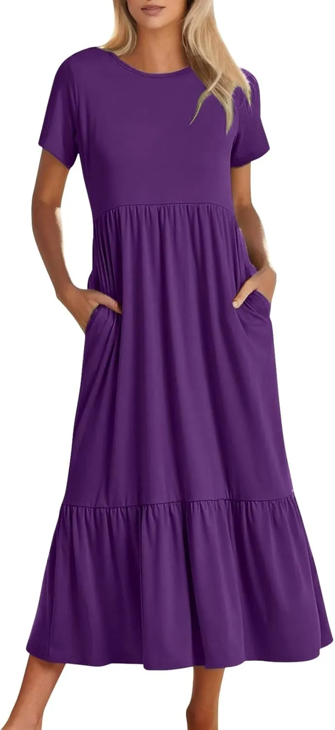 Summer Shirt Dresses For Women 2025 Crewneck Tiered Maxi Dresses Short Sleeve Flowy Beach Sundresses with Pockets