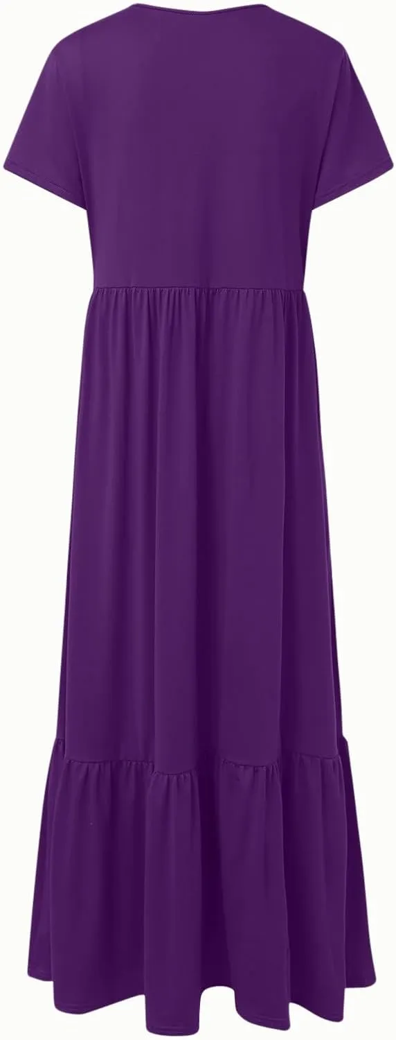 Summer Shirt Dresses For Women 2025 Crewneck Tiered Maxi Dresses Short Sleeve Flowy Beach Sundresses with Pockets