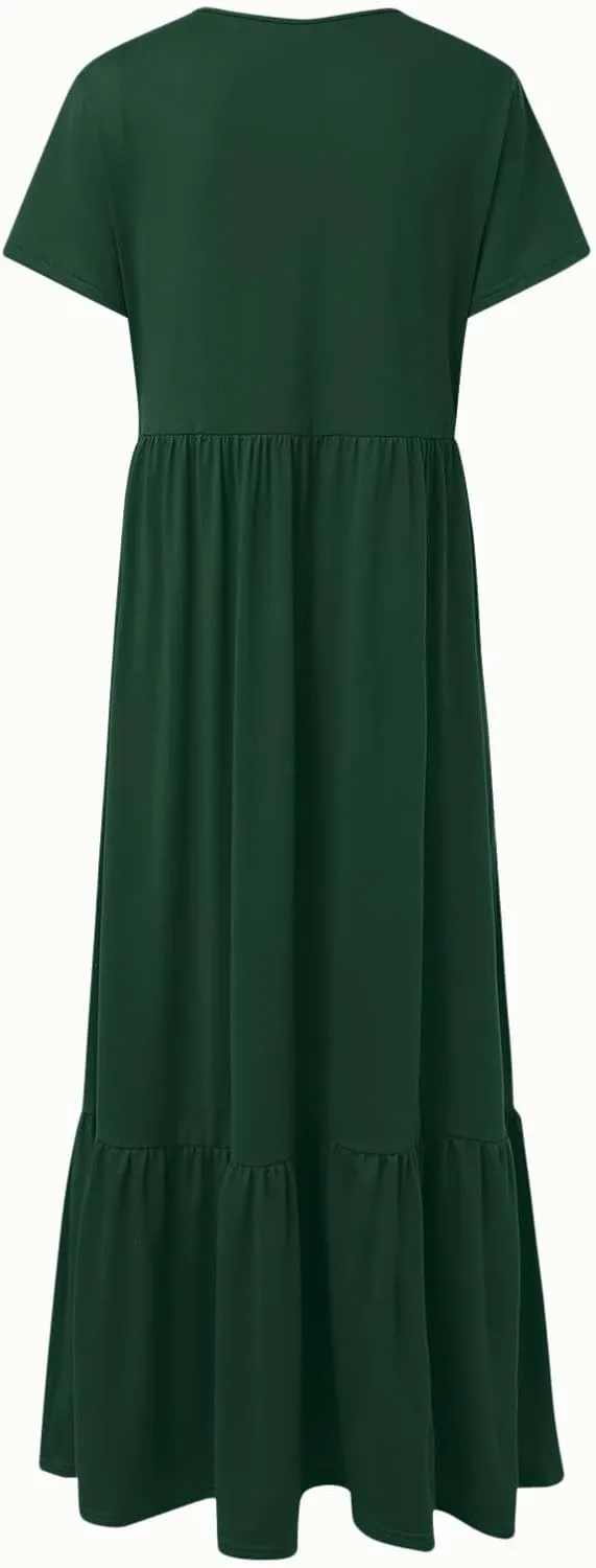 Summer Shirt Dresses For Women 2025 Crewneck Tiered Maxi Dresses Short Sleeve Flowy Beach Sundresses with Pockets