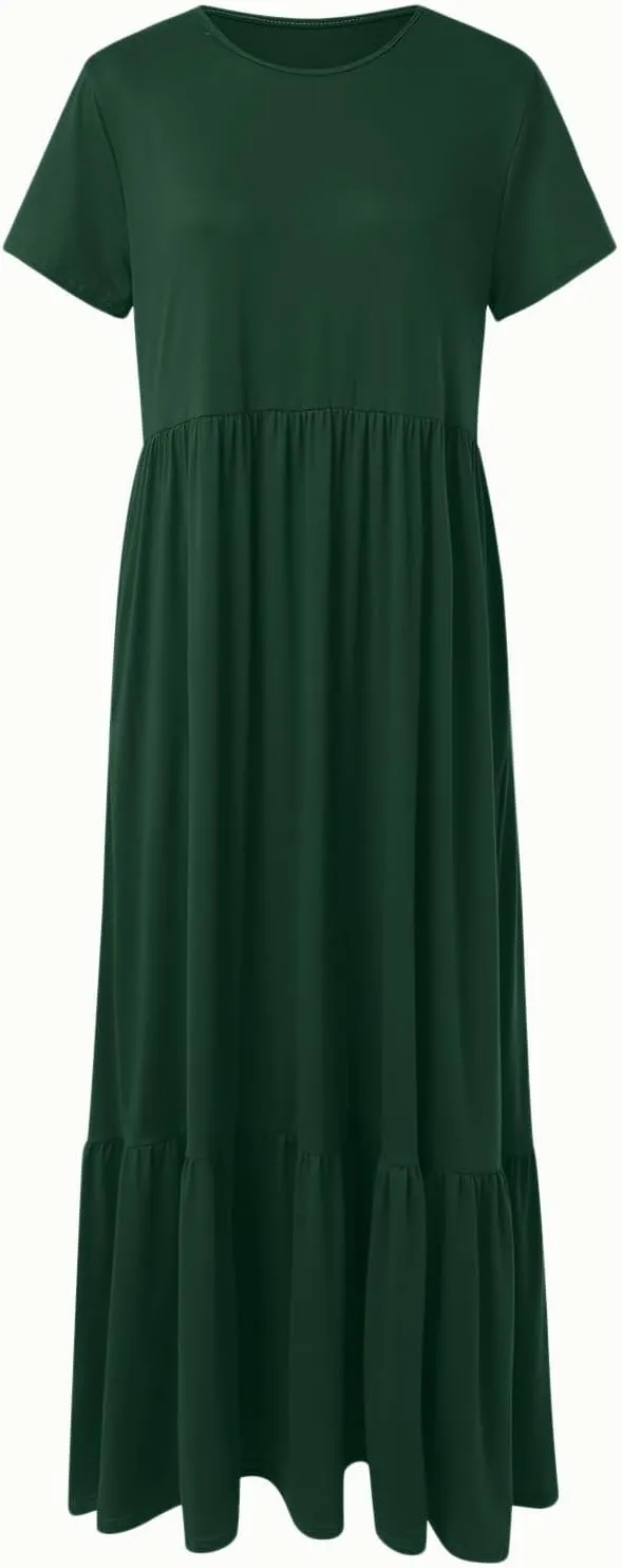 Summer Shirt Dresses For Women 2025 Crewneck Tiered Maxi Dresses Short Sleeve Flowy Beach Sundresses with Pockets