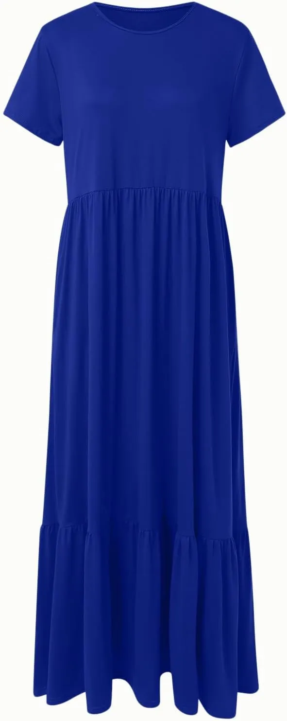 Summer Shirt Dresses For Women 2025 Crewneck Tiered Maxi Dresses Short Sleeve Flowy Beach Sundresses with Pockets