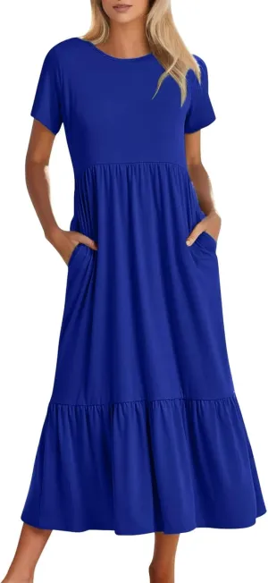 Summer Shirt Dresses For Women 2025 Crewneck Tiered Maxi Dresses Short Sleeve Flowy Beach Sundresses with Pockets