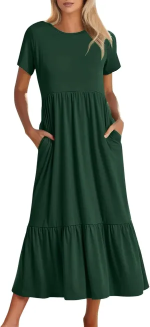 Summer Shirt Dresses For Women 2025 Crewneck Tiered Maxi Dresses Short Sleeve Flowy Beach Sundresses with Pockets