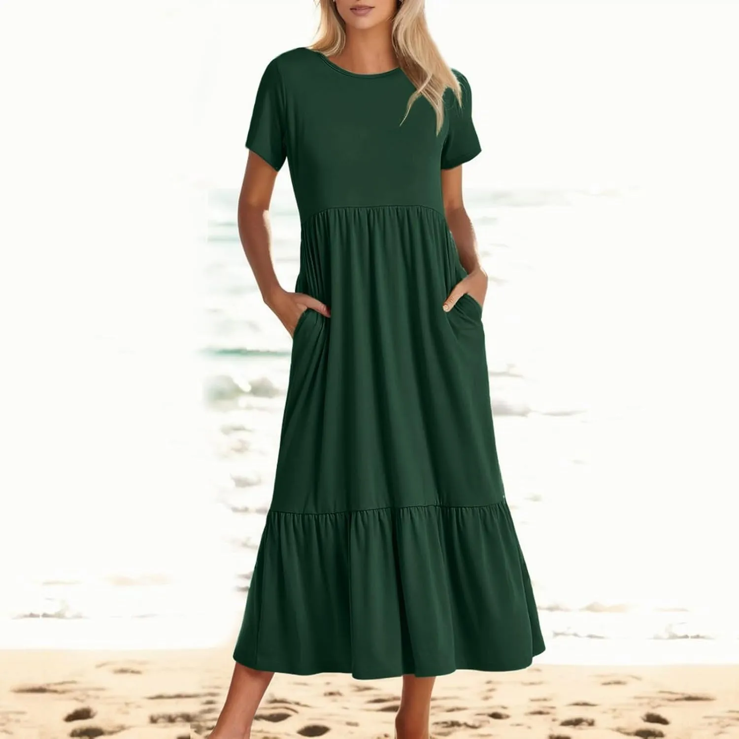 Summer Shirt Dresses For Women 2025 Crewneck Tiered Maxi Dresses Short Sleeve Flowy Beach Sundresses with Pockets