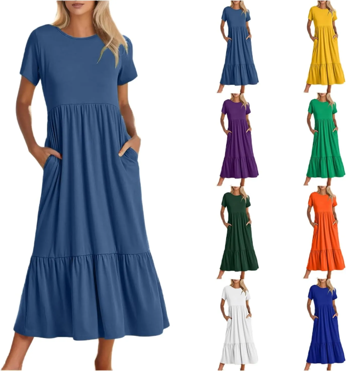 Summer Shirt Dresses For Women 2025 Crewneck Tiered Maxi Dresses Short Sleeve Flowy Beach Sundresses with Pockets