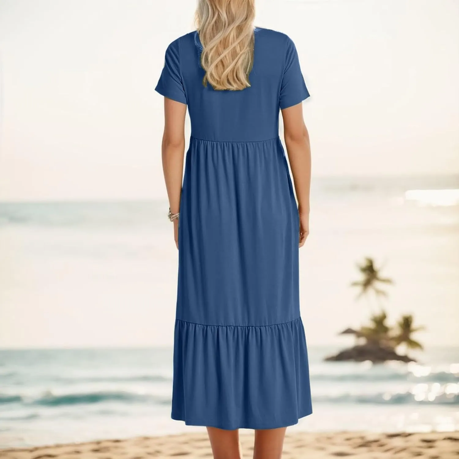 Summer Shirt Dresses For Women 2025 Crewneck Tiered Maxi Dresses Short Sleeve Flowy Beach Sundresses with Pockets