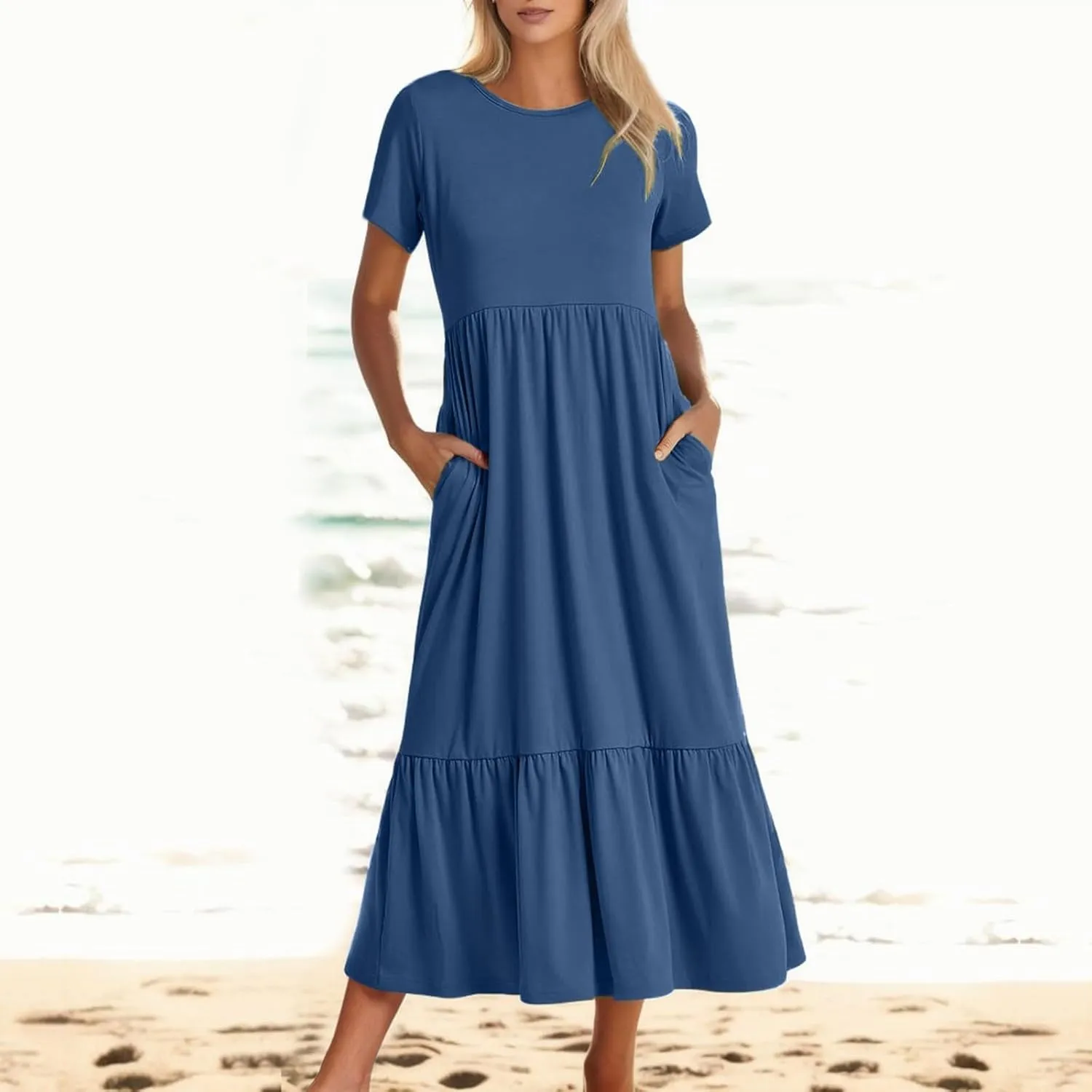 Summer Shirt Dresses For Women 2025 Crewneck Tiered Maxi Dresses Short Sleeve Flowy Beach Sundresses with Pockets