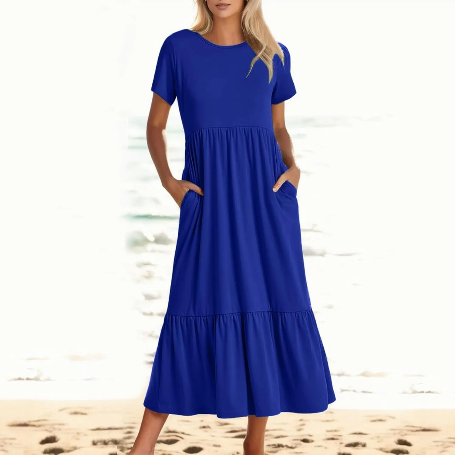 Summer Shirt Dresses For Women 2025 Crewneck Tiered Maxi Dresses Short Sleeve Flowy Beach Sundresses with Pockets