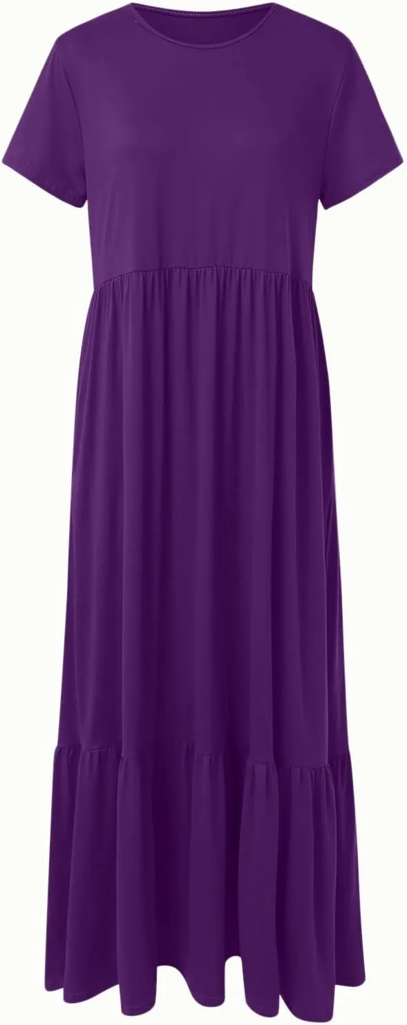 Summer Shirt Dresses For Women 2025 Crewneck Tiered Maxi Dresses Short Sleeve Flowy Beach Sundresses with Pockets