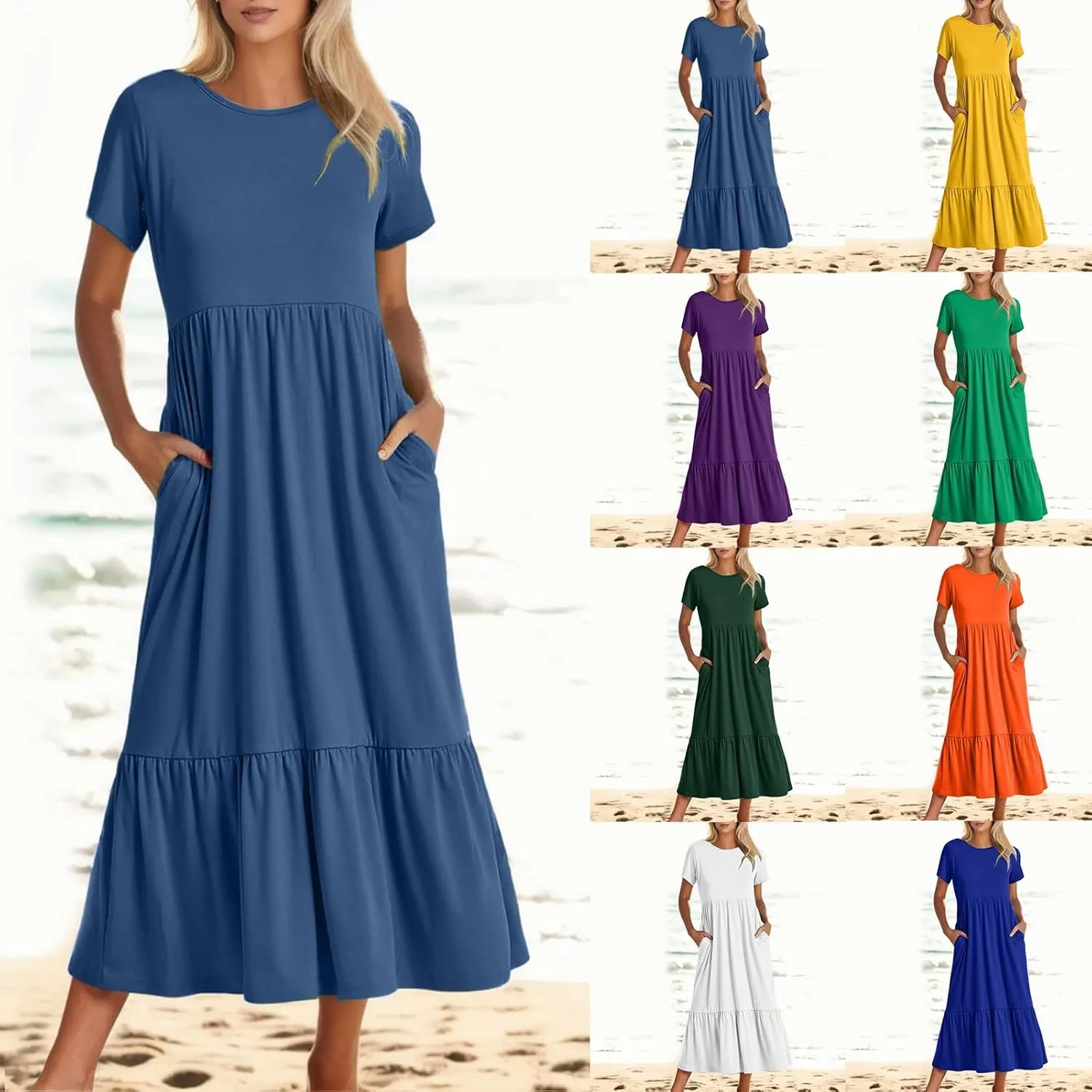 Summer Shirt Dresses For Women 2025 Crewneck Tiered Maxi Dresses Short Sleeve Flowy Beach Sundresses with Pockets