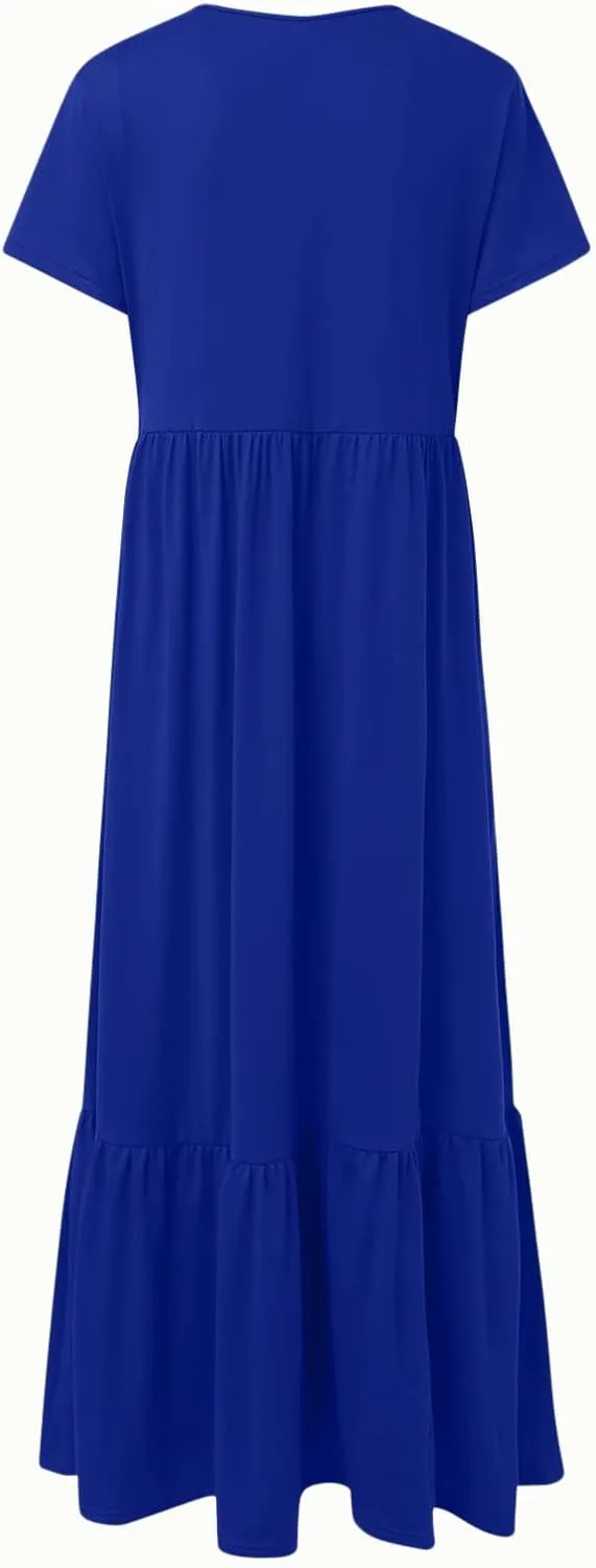 Summer Shirt Dresses For Women 2025 Crewneck Tiered Maxi Dresses Short Sleeve Flowy Beach Sundresses with Pockets
